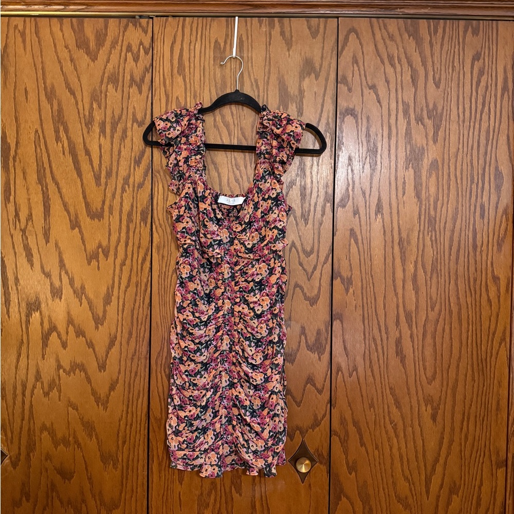 ASTR The Label Floral Ruched Mini Dress Black Pink Ditsy Ruffle Size M Romantic